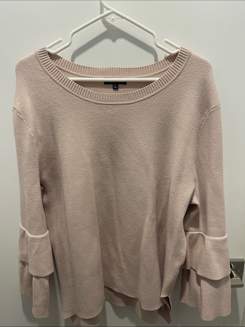 BLVD Crewneck Sweater with Double Ruffle Sleeves in Blush Pink